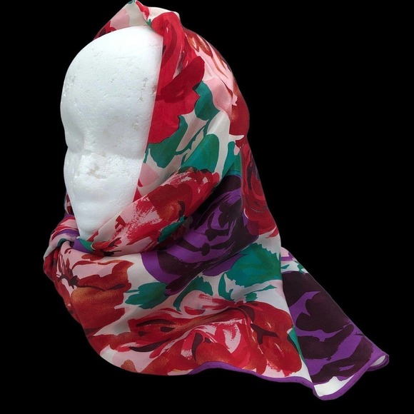 vintage Jacqueline Ferrar rose flower print square scarf silk 30" x 30" Japan - Picture 8 of 9